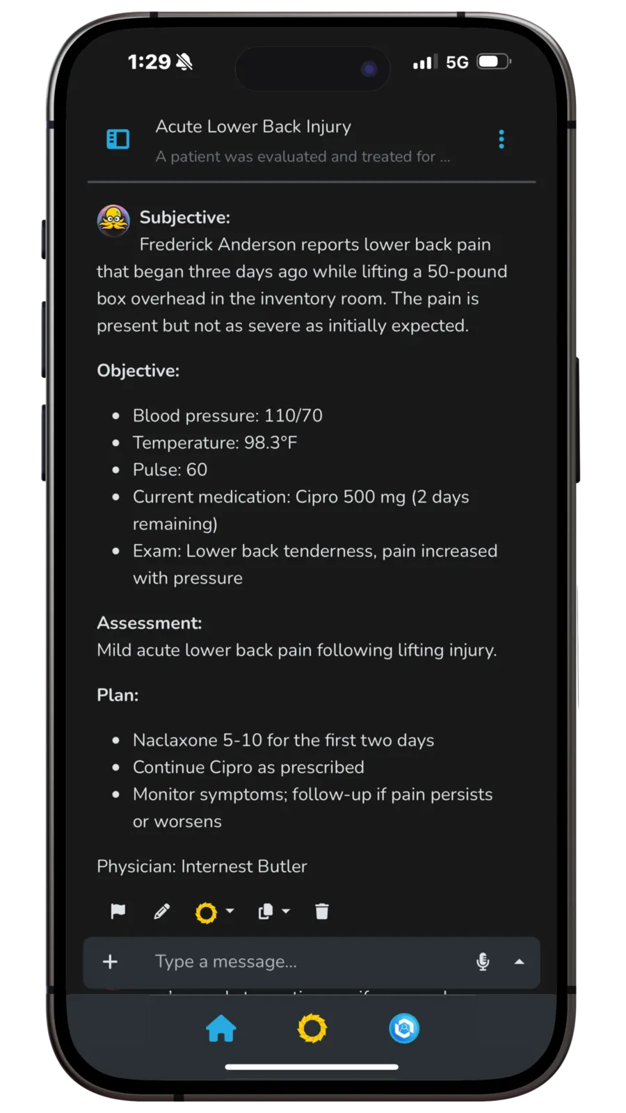 The Ozwell mobile app showing a generated SOAP note — subjective, objective, assessment, and plan — ready for review